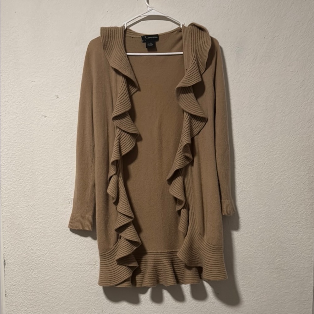 Bloomingdales - Tan Wool/Cashmere Open Ruffle Long Cardigan -  Small